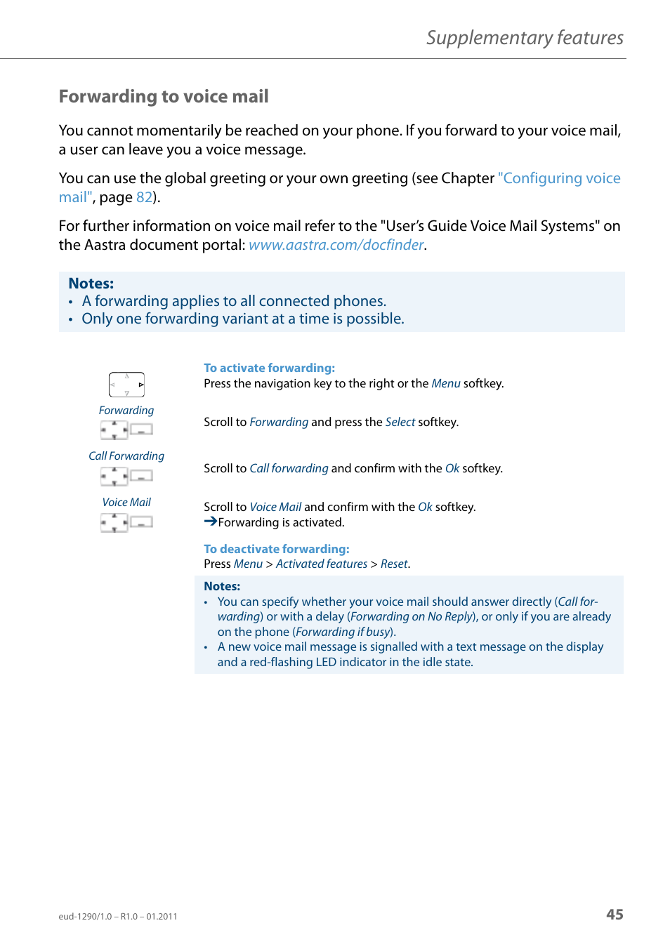 Forwarding to voice mail, Forwarding to voice, Mail | Or t, Forwarding to, Voice mail, Supplementary features | AASTRA 610d for Aastra 400 User Manual EN User Manual | Page 45 / 100