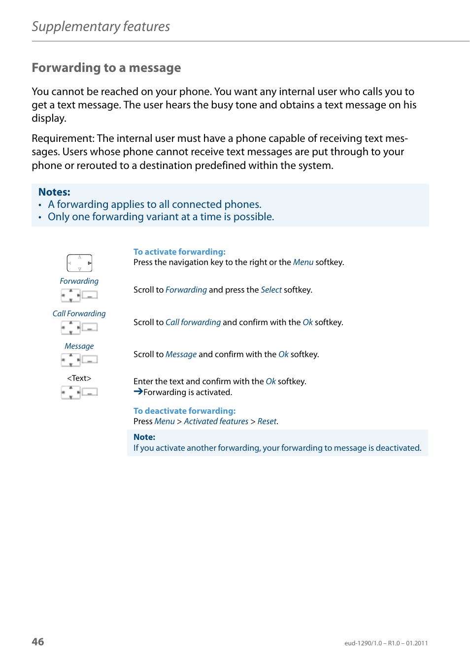 Forwarding to a message, Supplementary features | AASTRA 610d for Aastra 400 User Manual EN User Manual | Page 46 / 100