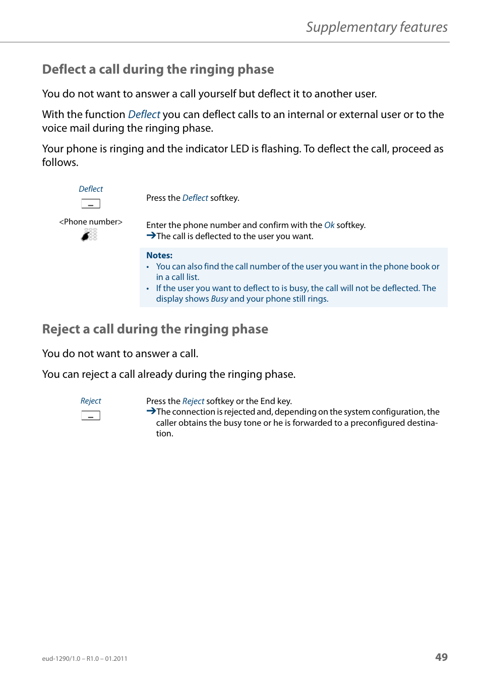 Deflect a call during the ringing phase, Reject a call during the ringing phase, Supplementary features | AASTRA 610d for Aastra 400 User Manual EN User Manual | Page 49 / 100