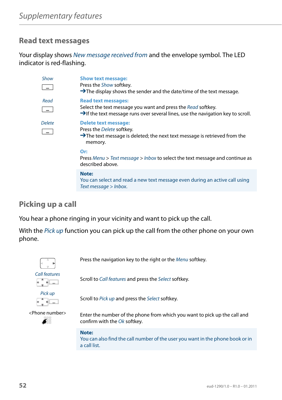 Read text messages, Picking up a call, Supplementary features | AASTRA 610d for Aastra 400 User Manual EN User Manual | Page 52 / 100