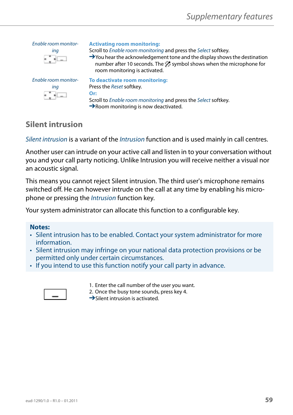 Silent intrusion, Supplementary features | AASTRA 610d for Aastra 400 User Manual EN User Manual | Page 59 / 100