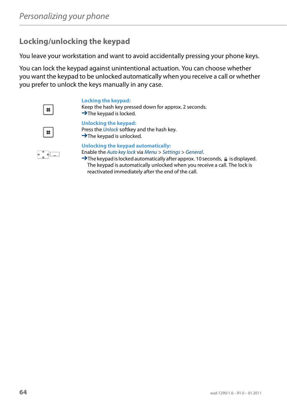 Locking/unlocking the keypad, Personalizing your phone | AASTRA 610d for Aastra 400 User Manual EN User Manual | Page 64 / 100