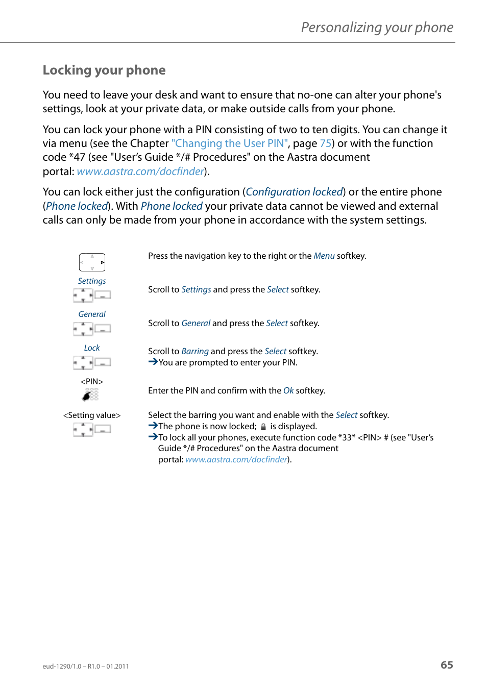Locking your phone, Personalizing your phone | AASTRA 610d for Aastra 400 User Manual EN User Manual | Page 65 / 100