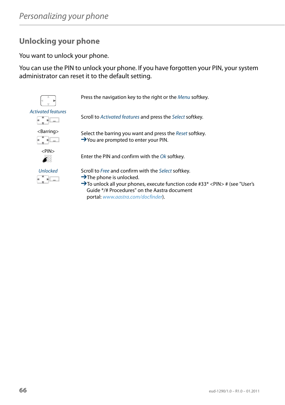 Unlocking your phone, Personalizing your phone | AASTRA 610d for Aastra 400 User Manual EN User Manual | Page 66 / 100
