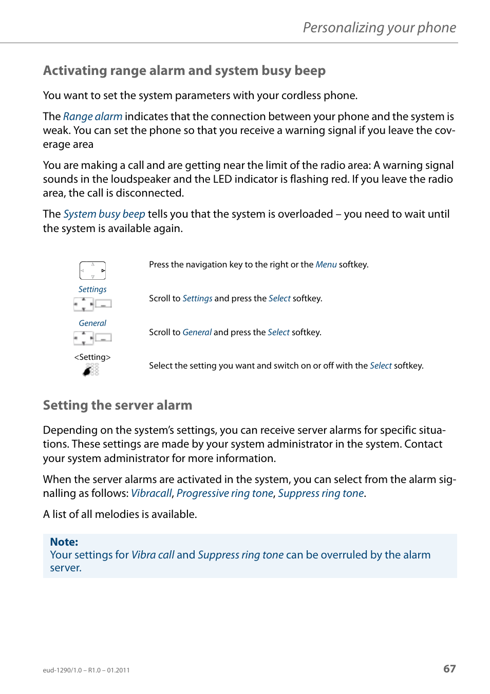 Activating range alarm and system busy beep, Setting the server alarm, Personalizing your phone | AASTRA 610d for Aastra 400 User Manual EN User Manual | Page 67 / 100