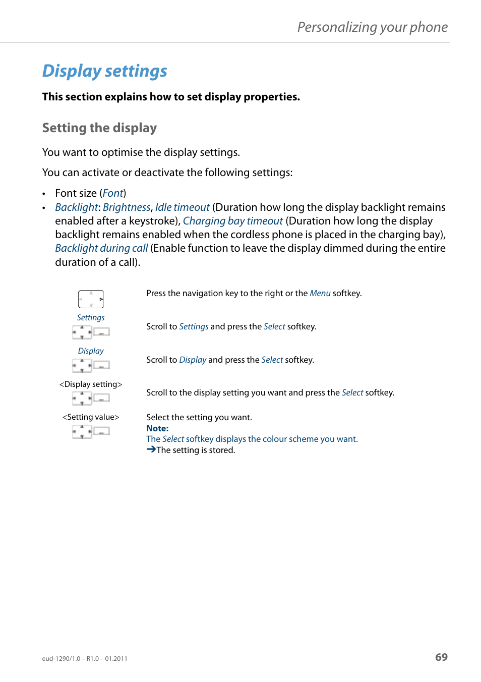 Display settings, Setting the display, Personalizing your phone | AASTRA 610d for Aastra 400 User Manual EN User Manual | Page 69 / 100
