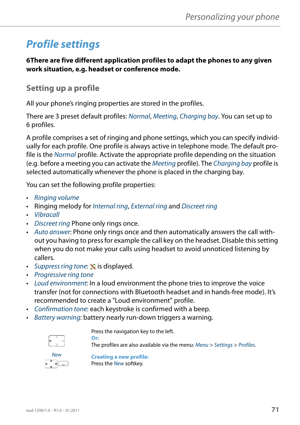 Profile settings, Setting up a profile, Profile set | Tings, Personalizing your phone | AASTRA 610d for Aastra 400 User Manual EN User Manual | Page 71 / 100