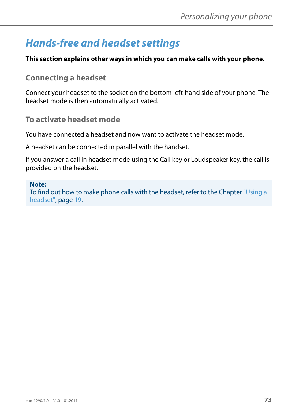 Hands-free and headset settings, Connecting a headset, To activate headset mode | To activate, Headset mode, Personalizing your phone | AASTRA 610d for Aastra 400 User Manual EN User Manual | Page 73 / 100