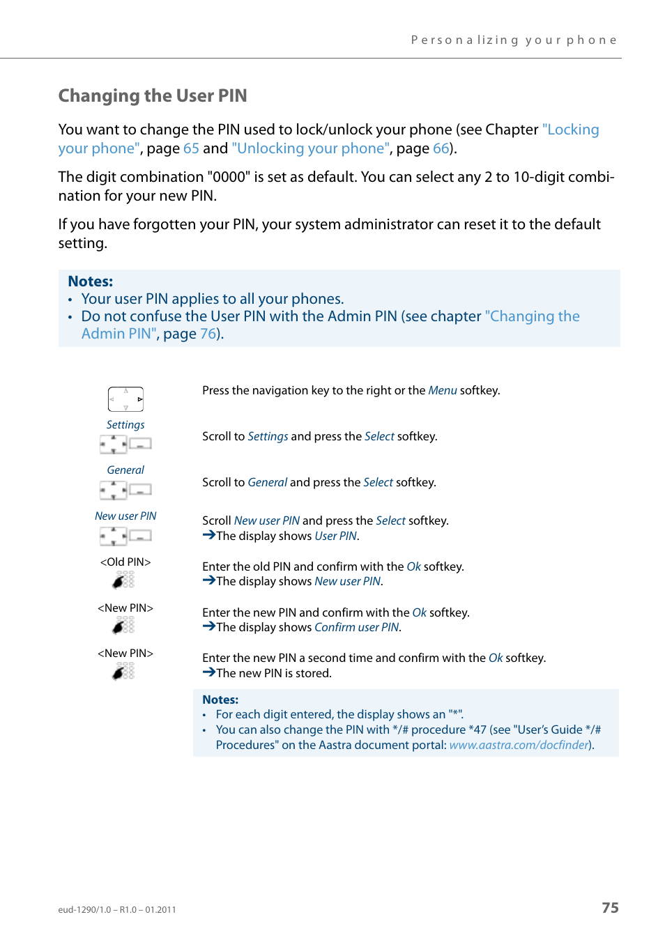 Changing the user pin | AASTRA 610d for Aastra 400 User Manual EN User Manual | Page 75 / 100