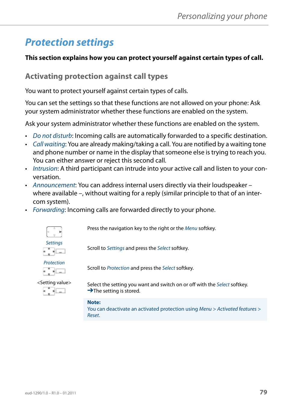 Protection settings, Activating protection against call types, Activating protection against | Call types, Activating protection against call, Types, Activating protection, Against call types, Personalizing your phone | AASTRA 610d for Aastra 400 User Manual EN User Manual | Page 79 / 100