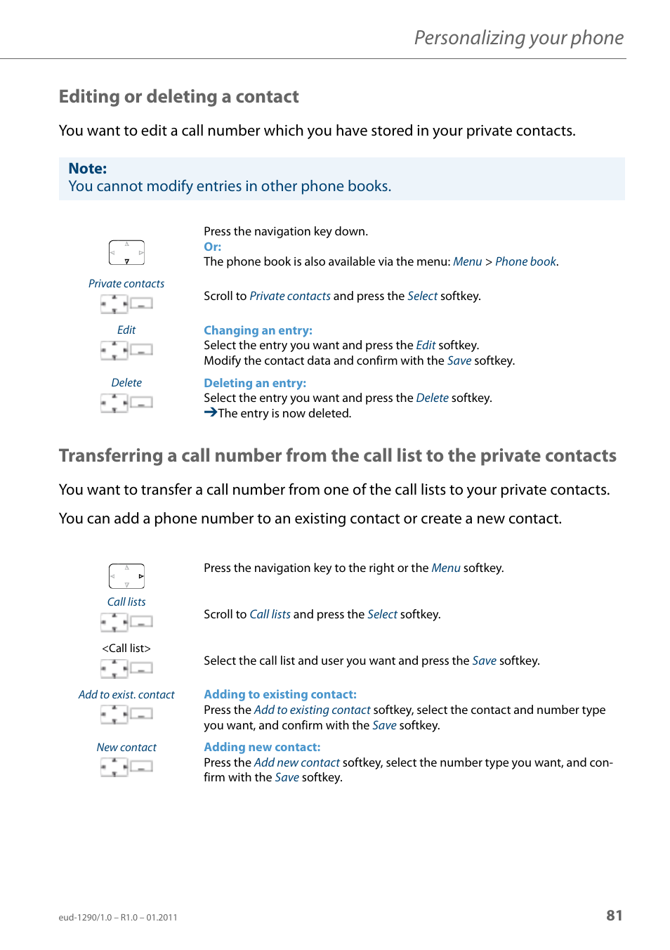 Editing or deleting a contact, Personalizing your phone | AASTRA 610d for Aastra 400 User Manual EN User Manual | Page 81 / 100