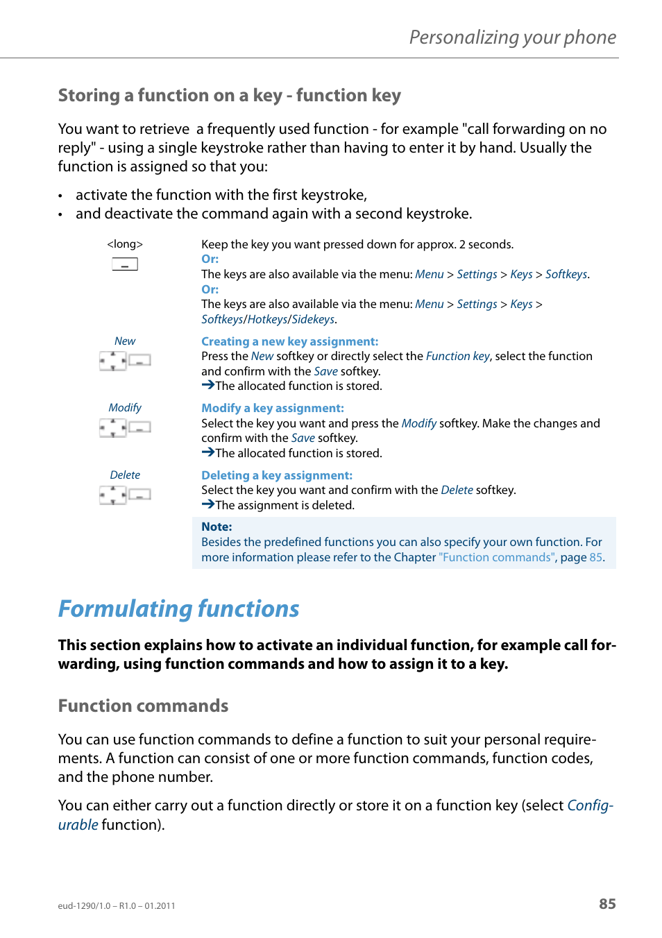 Storing a function on a key - function key, Formulating functions, Function commands | Mulating functions, Personalizing your phone | AASTRA 610d for Aastra 400 User Manual EN User Manual | Page 85 / 100