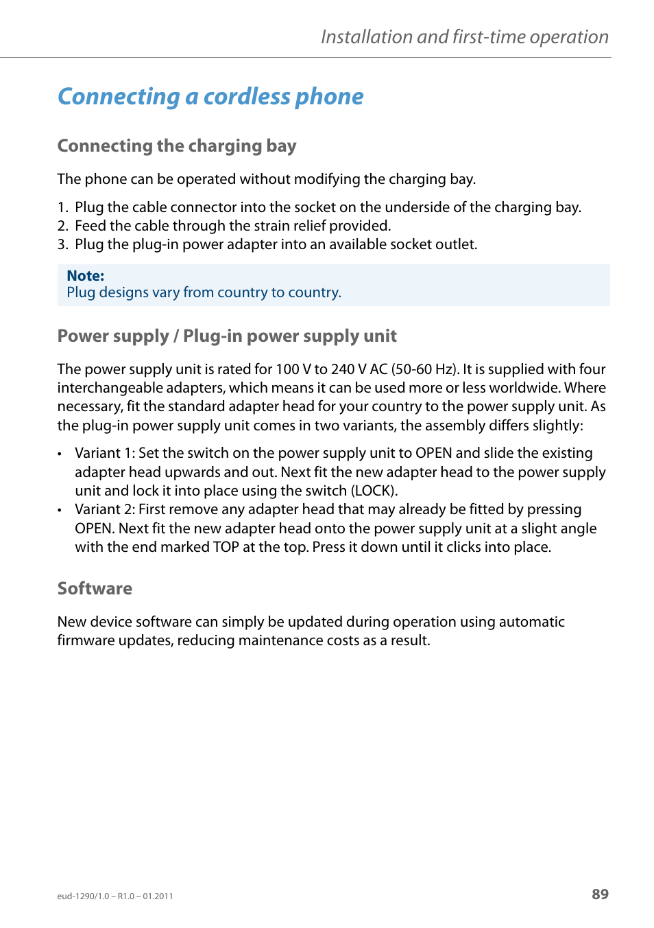 Connecting a cordless phone, Connecting the charging bay, Power supply / plug-in power supply unit | Software, Installation and first-time operation | AASTRA 610d for Aastra 400 User Manual EN User Manual | Page 89 / 100