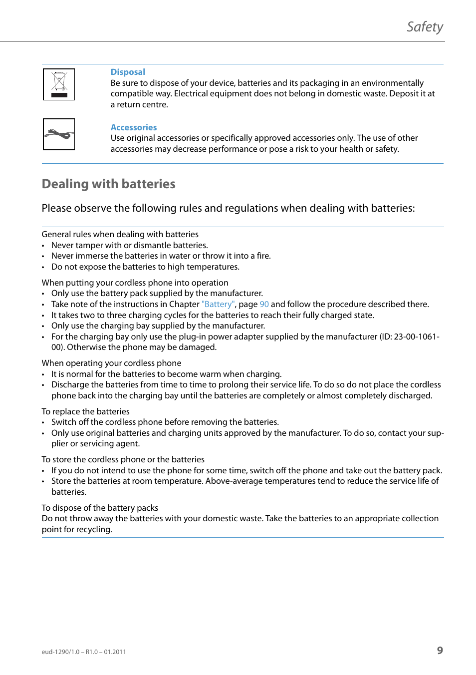 Dealing with batteries, Safety | AASTRA 610d for Aastra 400 User Manual EN User Manual | Page 9 / 100