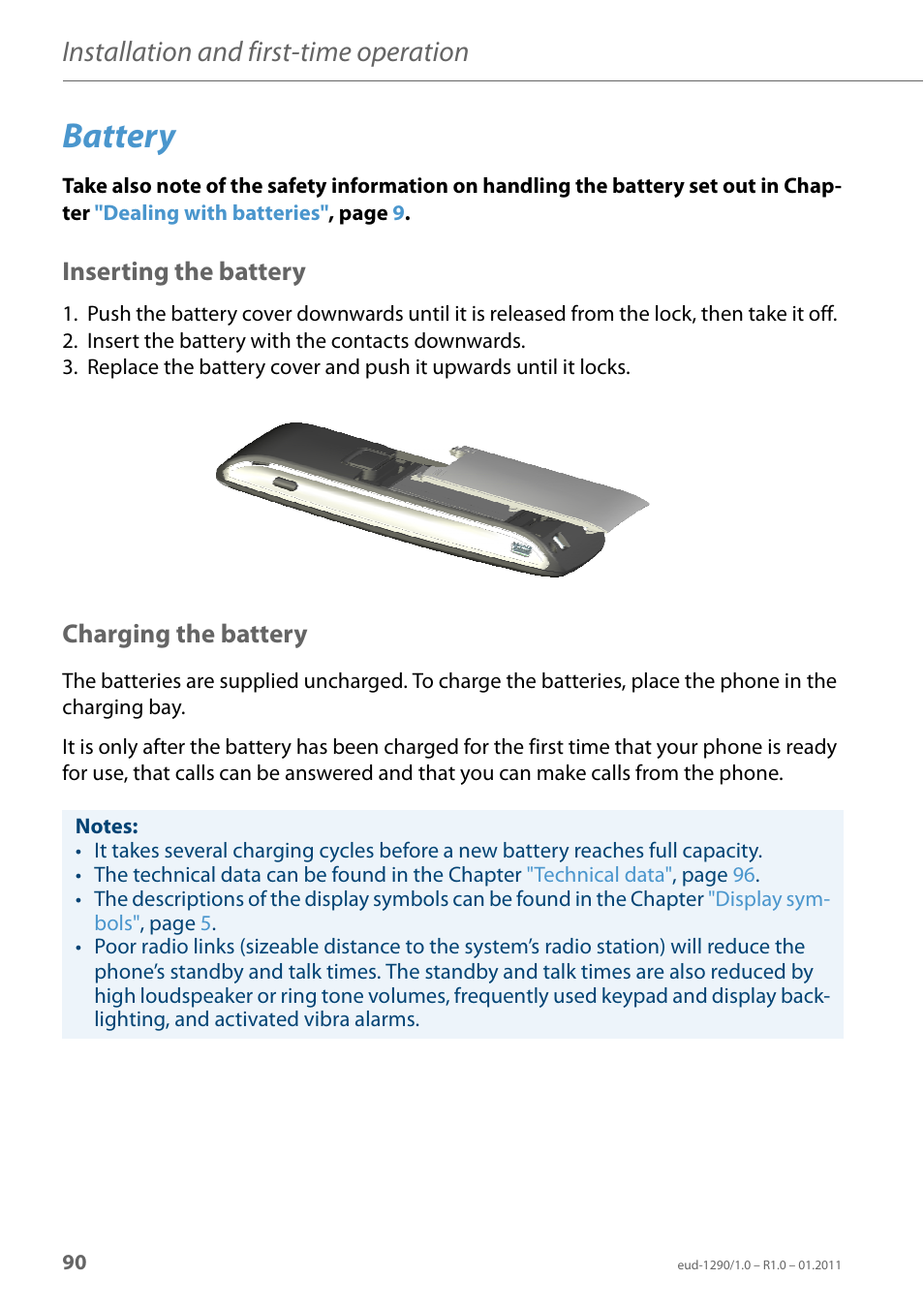 Battery, Inserting the battery, Charging the battery | Installation and first-time operation | AASTRA 610d for Aastra 400 User Manual EN User Manual | Page 90 / 100