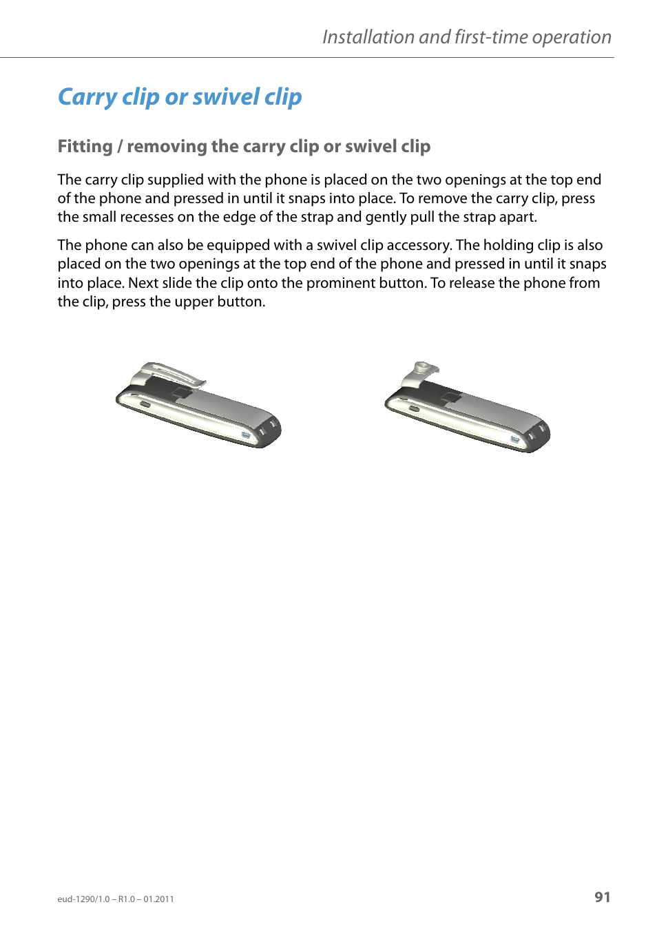 Carry clip or swivel clip, Fitting / removing the carry clip or swivel clip, Installation and first-time operation | AASTRA 610d for Aastra 400 User Manual EN User Manual | Page 91 / 100