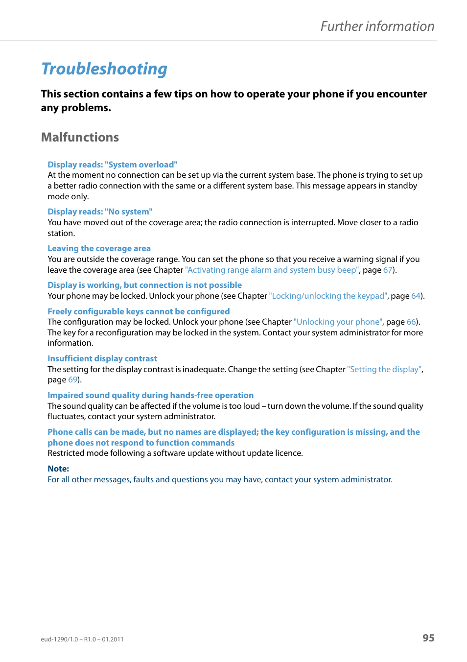 Troubleshooting, Malfunctions, Further information | AASTRA 610d for Aastra 400 User Manual EN User Manual | Page 95 / 100