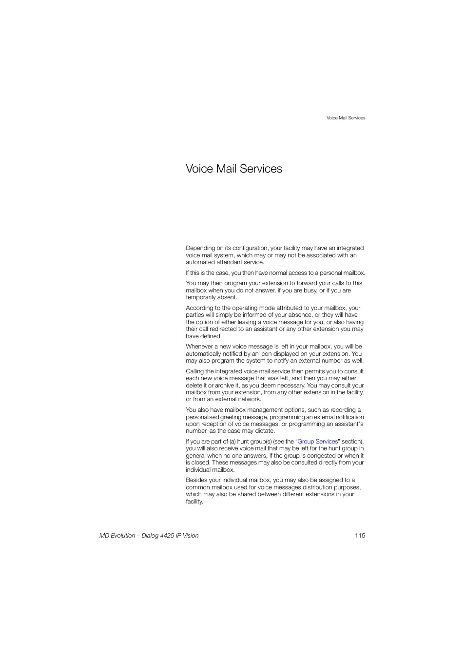 Voice mail services | AASTRA 4425 IP Vision for MD Evolution User Guide User Manual | Page 115 / 224