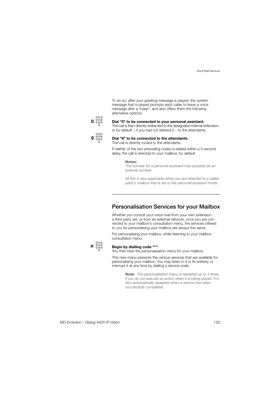 Personalisation services for your mailbox | AASTRA 4425 IP Vision for MD Evolution User Guide User Manual | Page 125 / 224