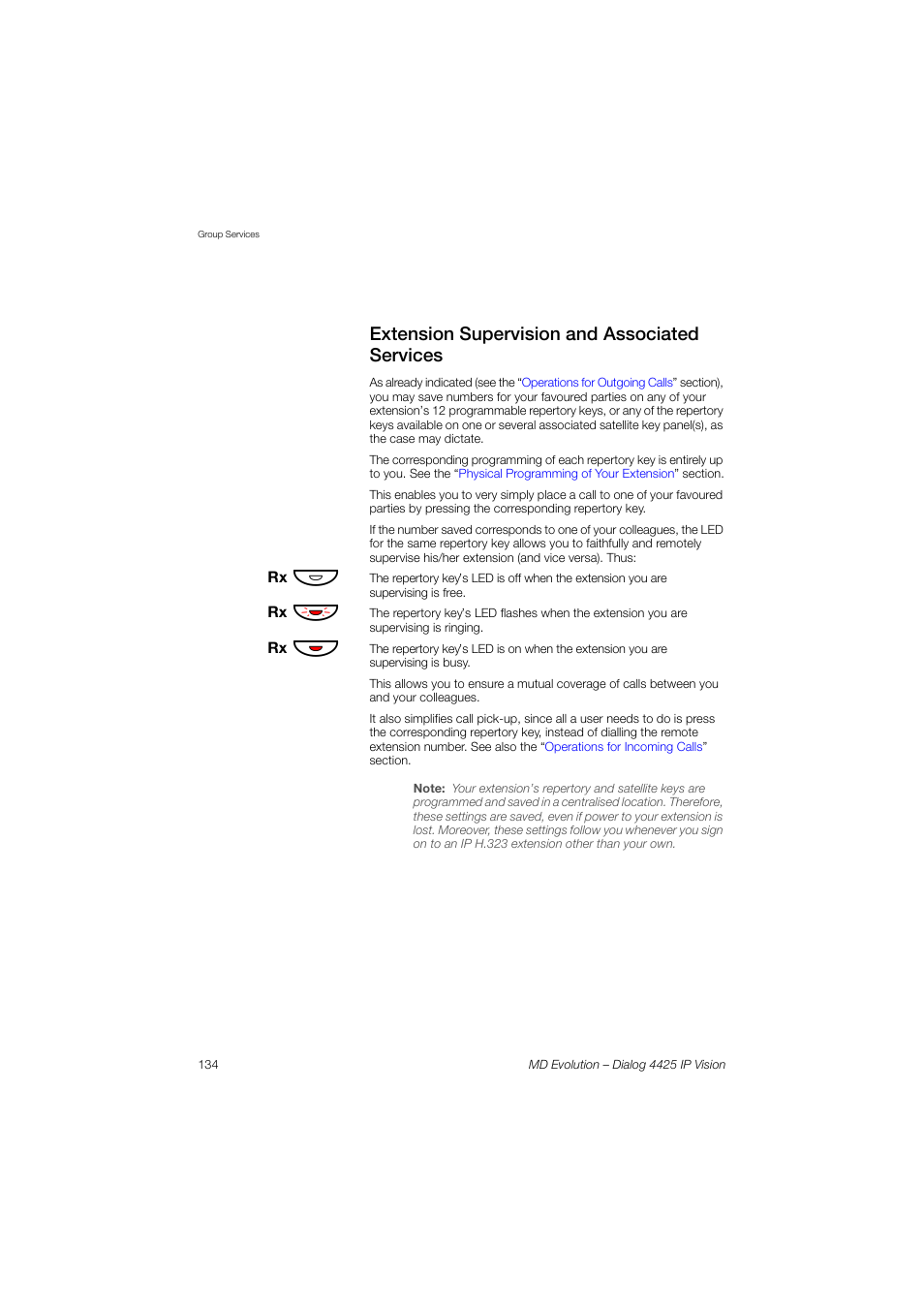 Extension supervision and associated services | AASTRA 4425 IP Vision for MD Evolution User Guide User Manual | Page 134 / 224