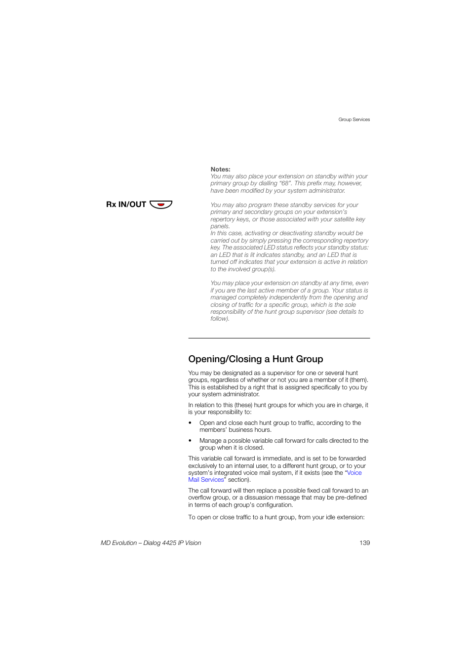 Opening/closing a hunt group | AASTRA 4425 IP Vision for MD Evolution User Guide User Manual | Page 139 / 224
