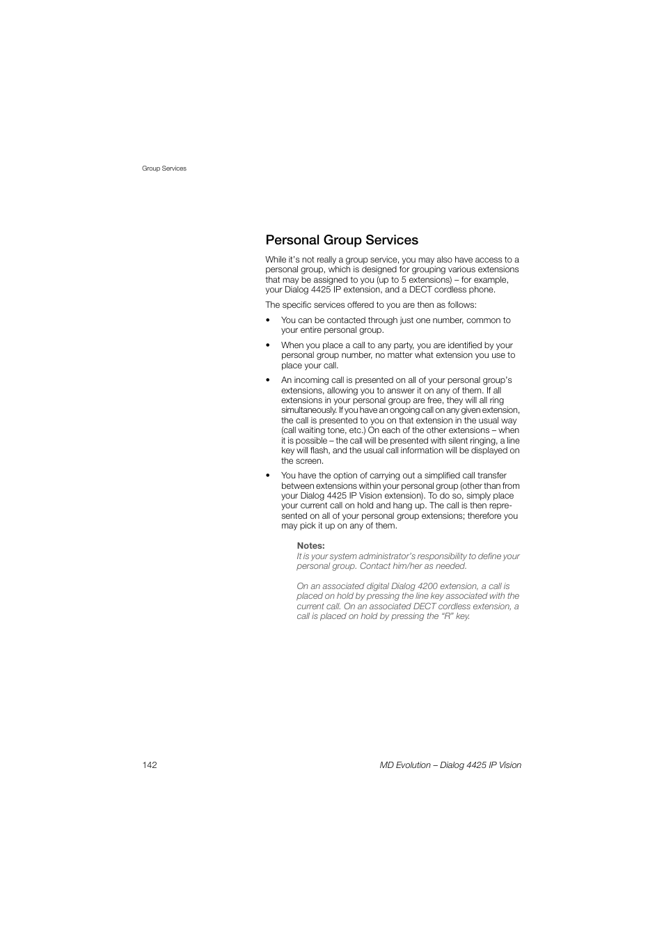 Personal group services | AASTRA 4425 IP Vision for MD Evolution User Guide User Manual | Page 142 / 224