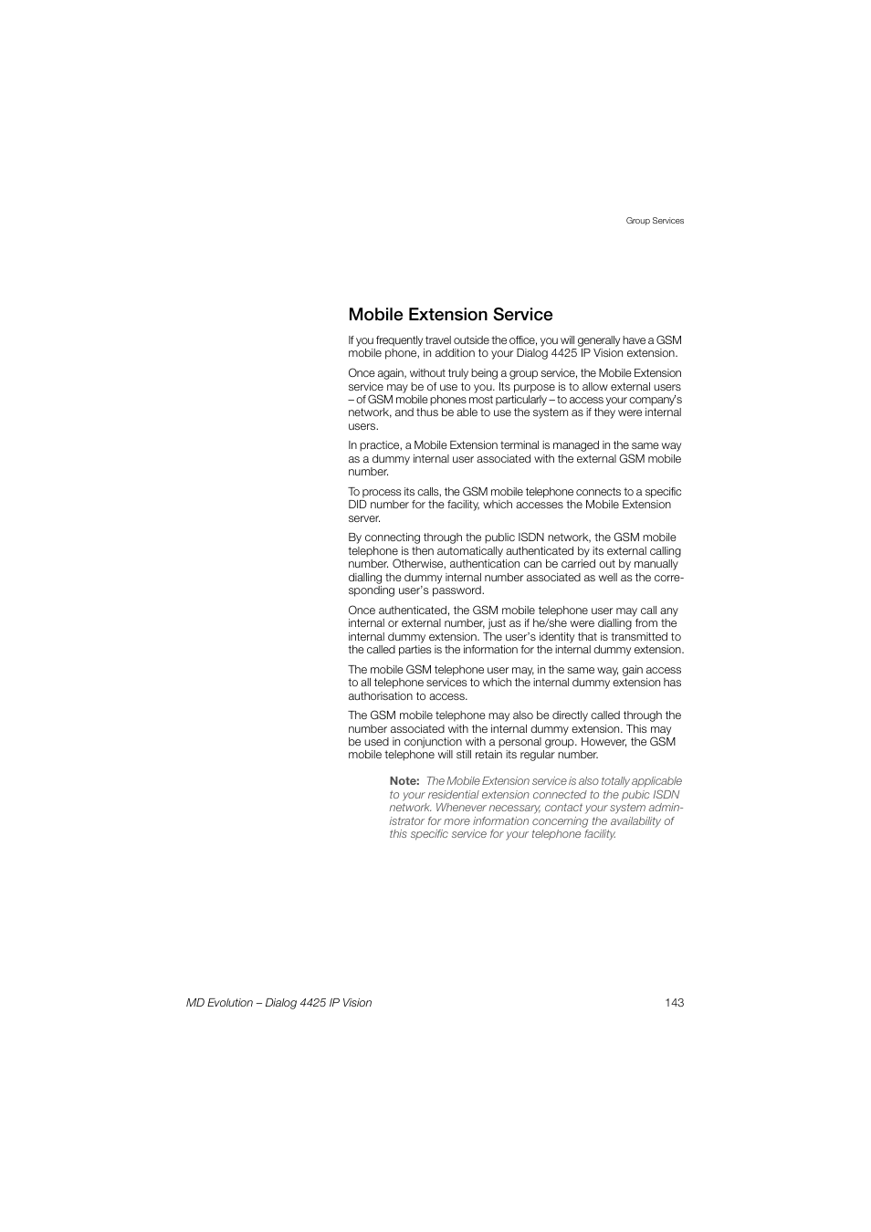Mobile extension service | AASTRA 4425 IP Vision for MD Evolution User Guide User Manual | Page 143 / 224