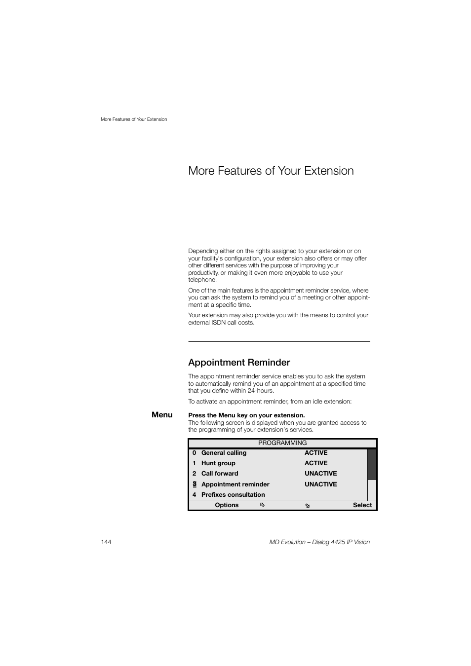 More features of your extension, Appointment reminder | AASTRA 4425 IP Vision for MD Evolution User Guide User Manual | Page 144 / 224