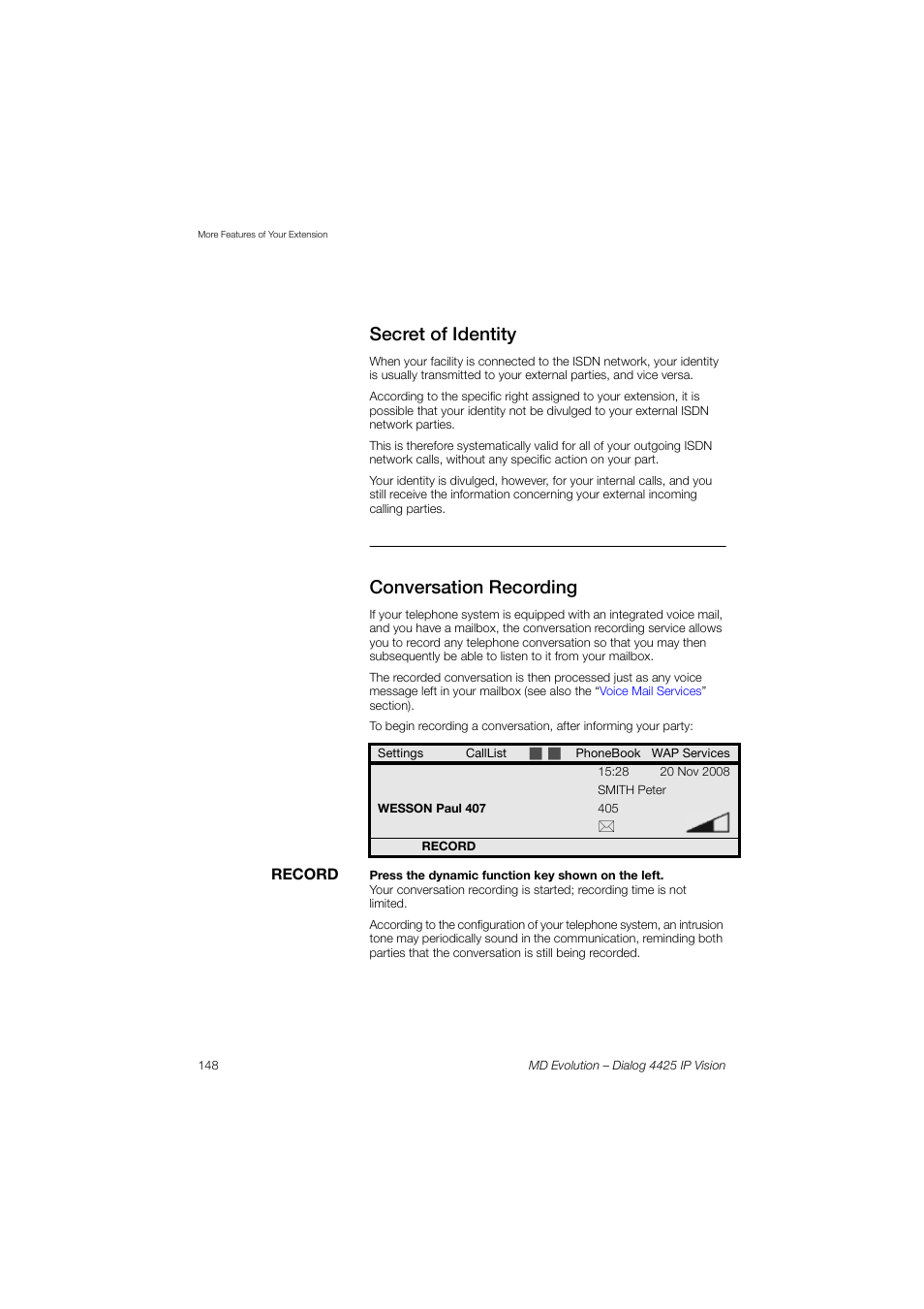 Secret of identity, Conversation recording | AASTRA 4425 IP Vision for MD Evolution User Guide User Manual | Page 148 / 224