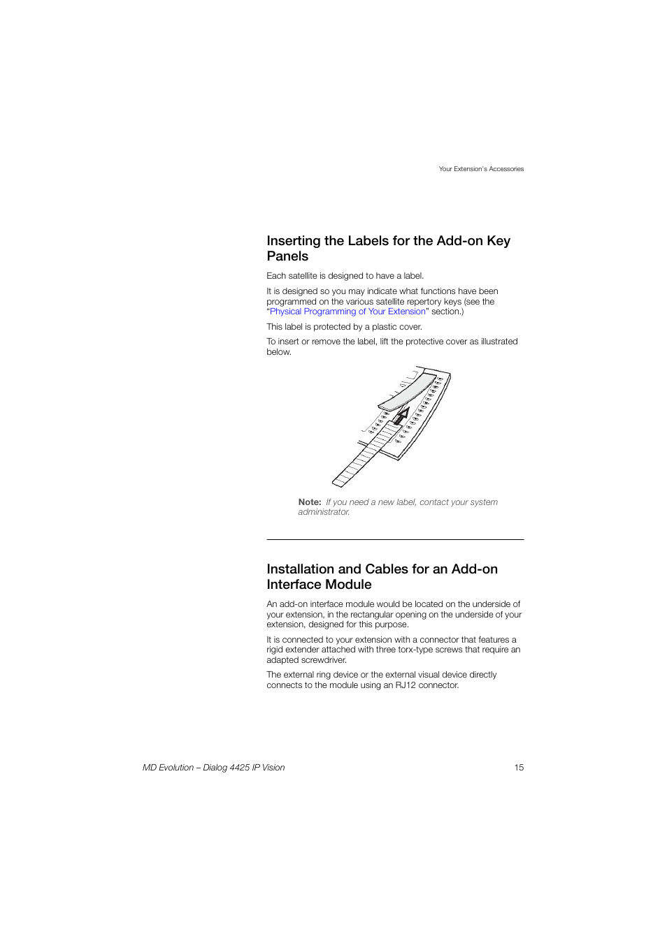 Inserting the labels for the add-on key panels | AASTRA 4425 IP Vision for MD Evolution User Guide User Manual | Page 15 / 224