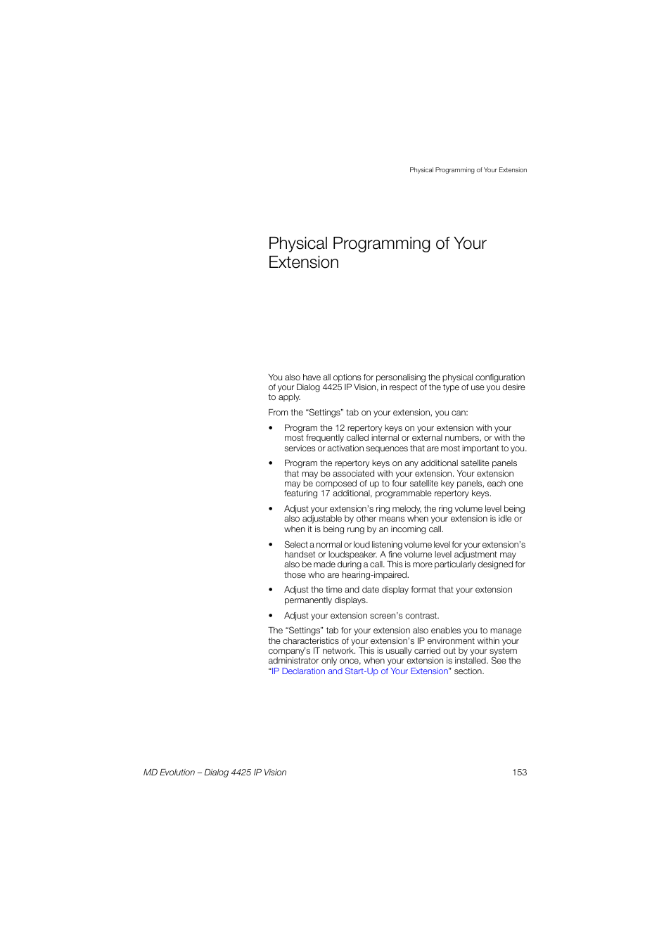 Physical programming of your extension, En. see the, Physical programming of your | Extension, Section, Physical programming, Of your extension, Vels. see the, Ly up to you. see also the, Physical programming of | AASTRA 4425 IP Vision for MD Evolution User Guide User Manual | Page 153 / 224