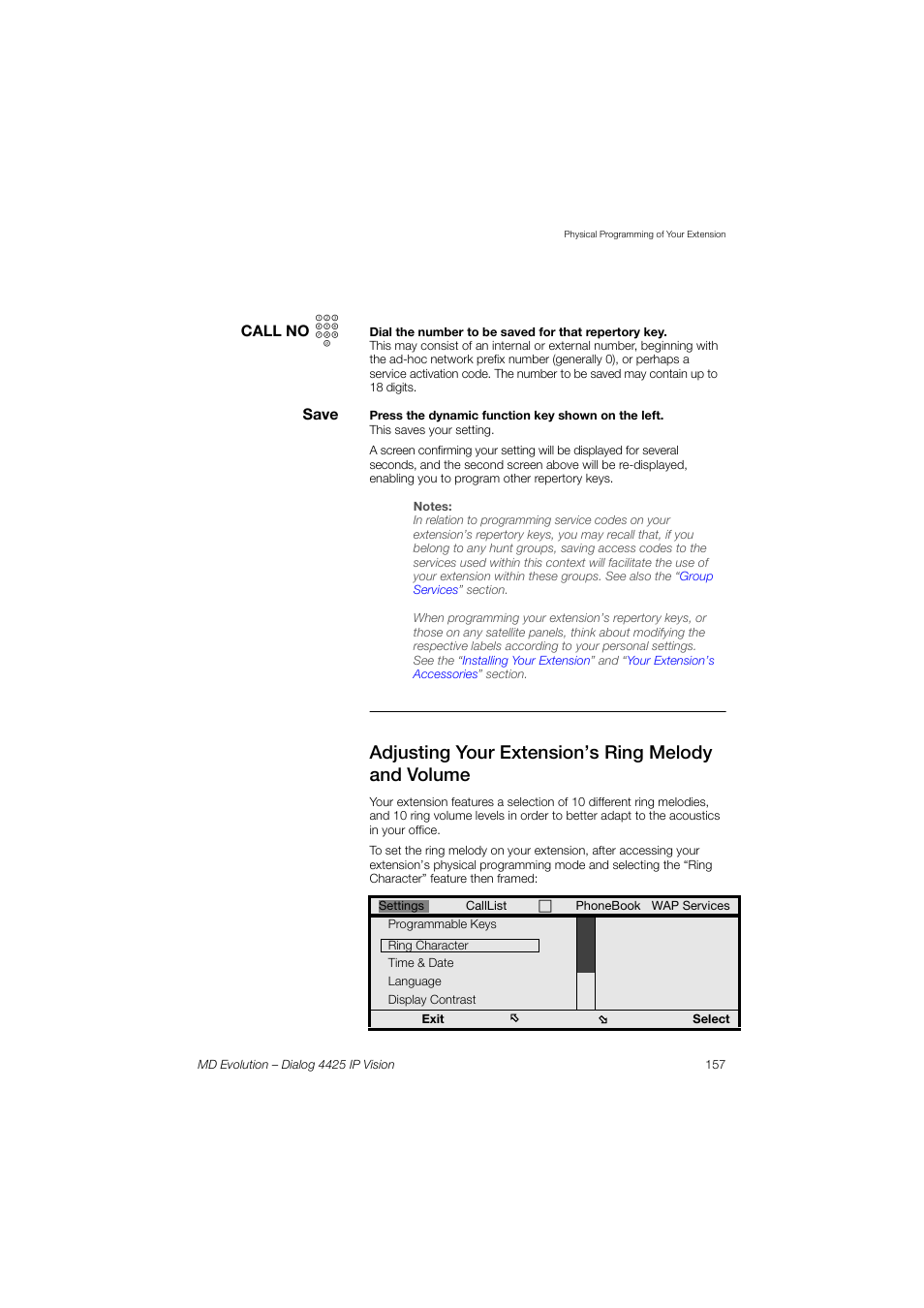 Adjusting your extension’s ring melody and volume | AASTRA 4425 IP Vision for MD Evolution User Guide User Manual | Page 157 / 224