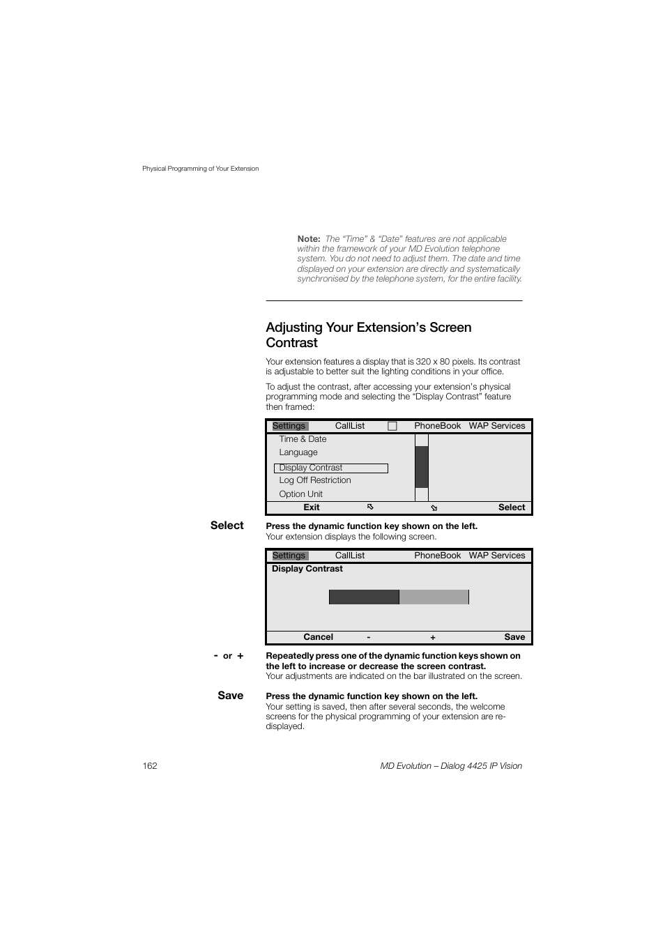 Adjusting your extension’s screen contrast | AASTRA 4425 IP Vision for MD Evolution User Guide User Manual | Page 162 / 224
