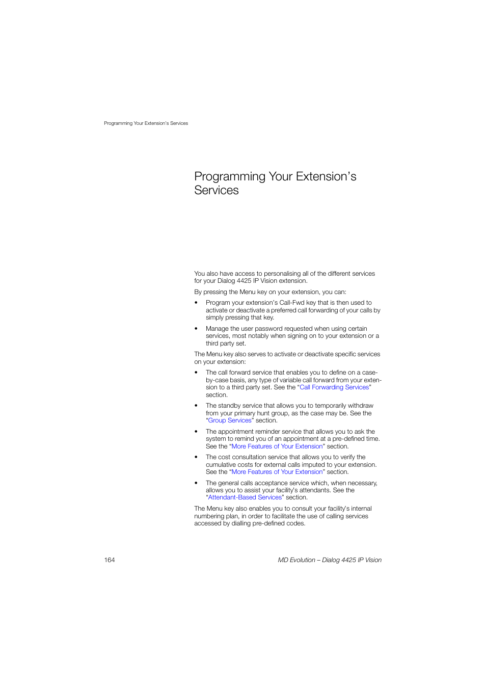 Programming your extension’s services, Sect, Programming your | Extension’s services, Programming, Your extension’s services, Section | AASTRA 4425 IP Vision for MD Evolution User Guide User Manual | Page 164 / 224