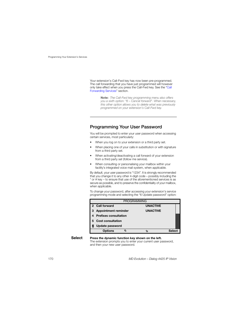 Programming your user password | AASTRA 4425 IP Vision for MD Evolution User Guide User Manual | Page 170 / 224