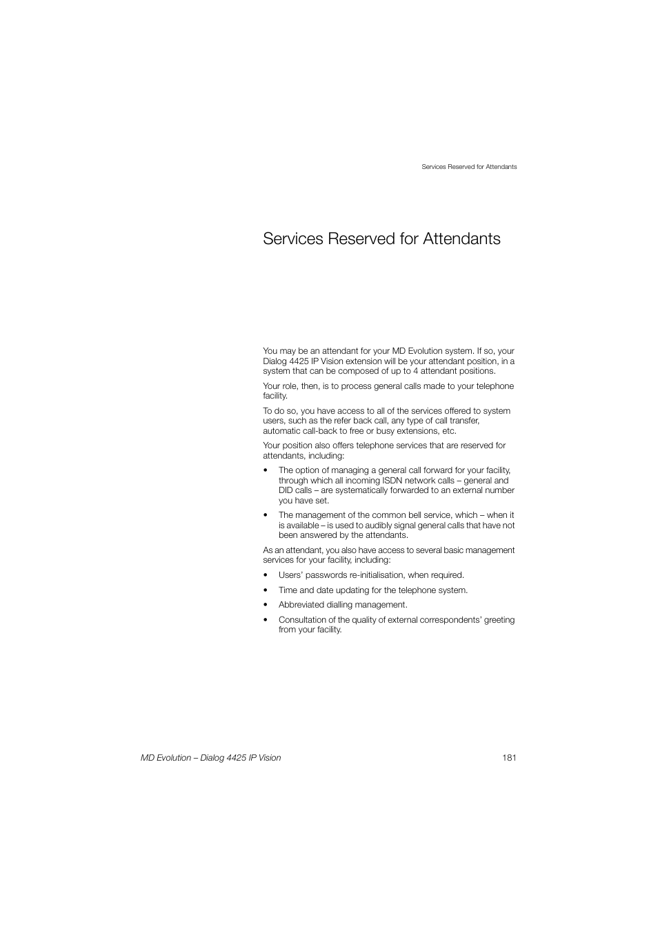 Services reserved for attendants, Services reserved for, Attendants | Sect | AASTRA 4425 IP Vision for MD Evolution User Guide User Manual | Page 181 / 224