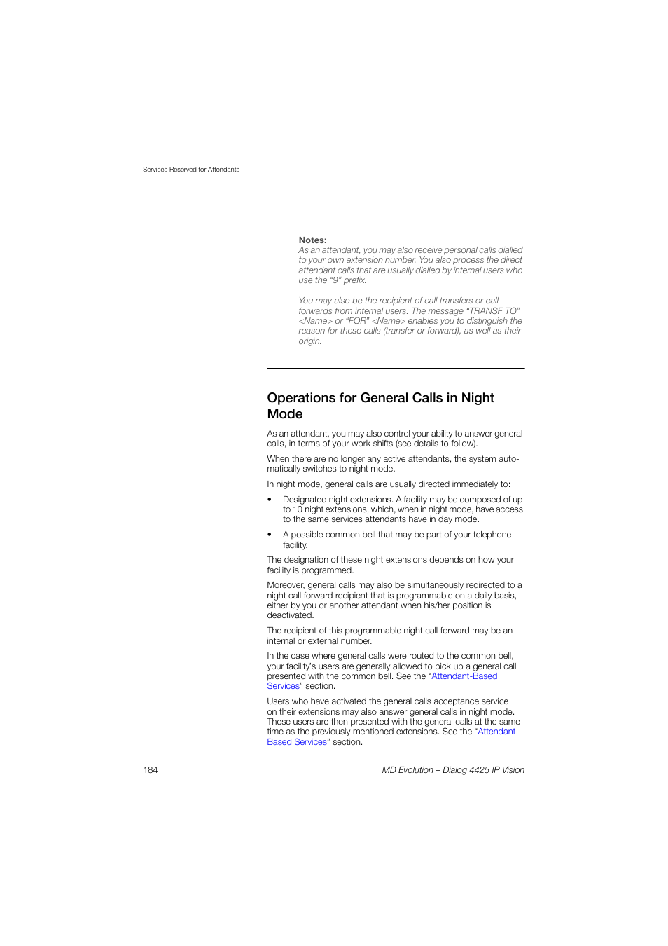 Operations for general calls in night mode | AASTRA 4425 IP Vision for MD Evolution User Guide User Manual | Page 184 / 224
