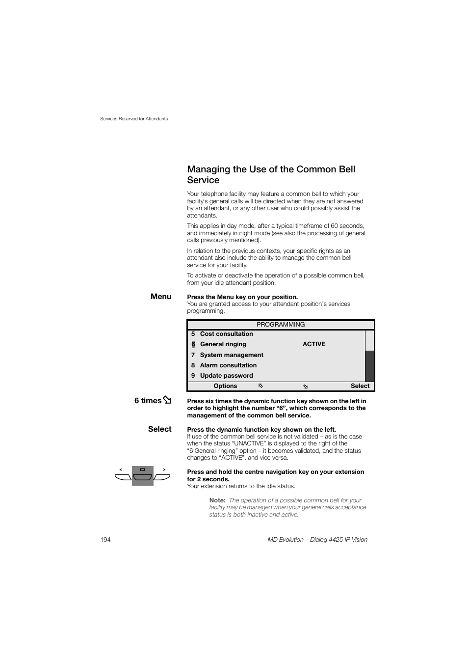 Managing the use of the common bell service | AASTRA 4425 IP Vision for MD Evolution User Guide User Manual | Page 194 / 224