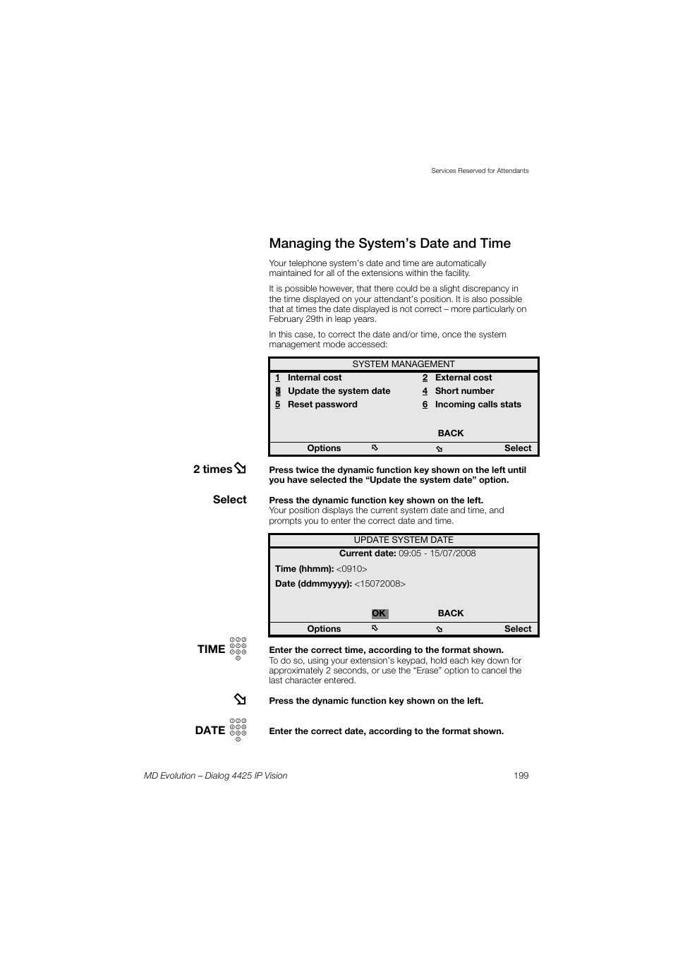 Managing the system’s date and time | AASTRA 4425 IP Vision for MD Evolution User Guide User Manual | Page 199 / 224