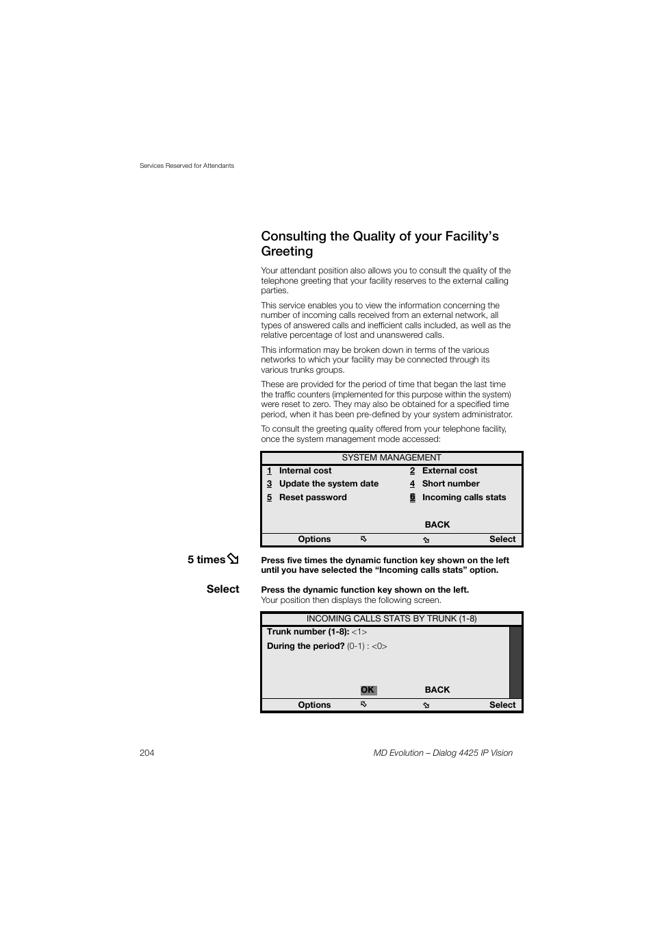 Consulting the quality of your facility’s greeting | AASTRA 4425 IP Vision for MD Evolution User Guide User Manual | Page 204 / 224