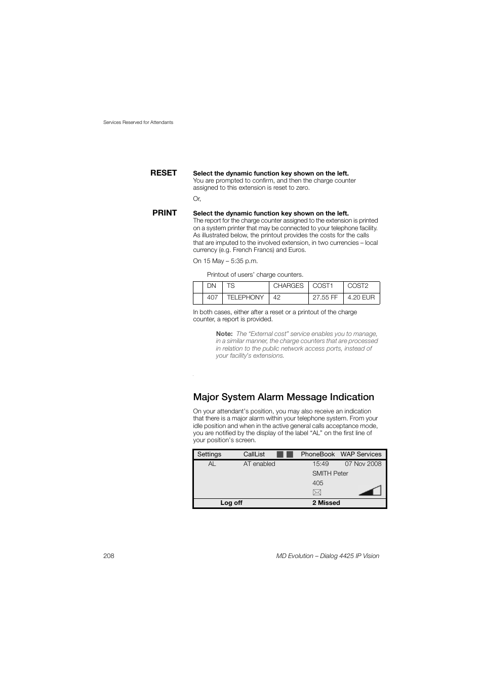 Major system alarm message indication | AASTRA 4425 IP Vision for MD Evolution User Guide User Manual | Page 208 / 224