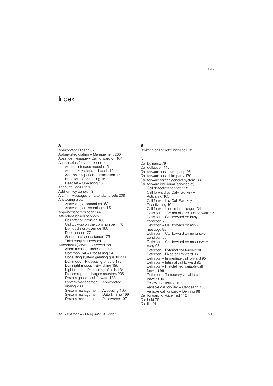 Index | AASTRA 4425 IP Vision for MD Evolution User Guide User Manual | Page 215 / 224