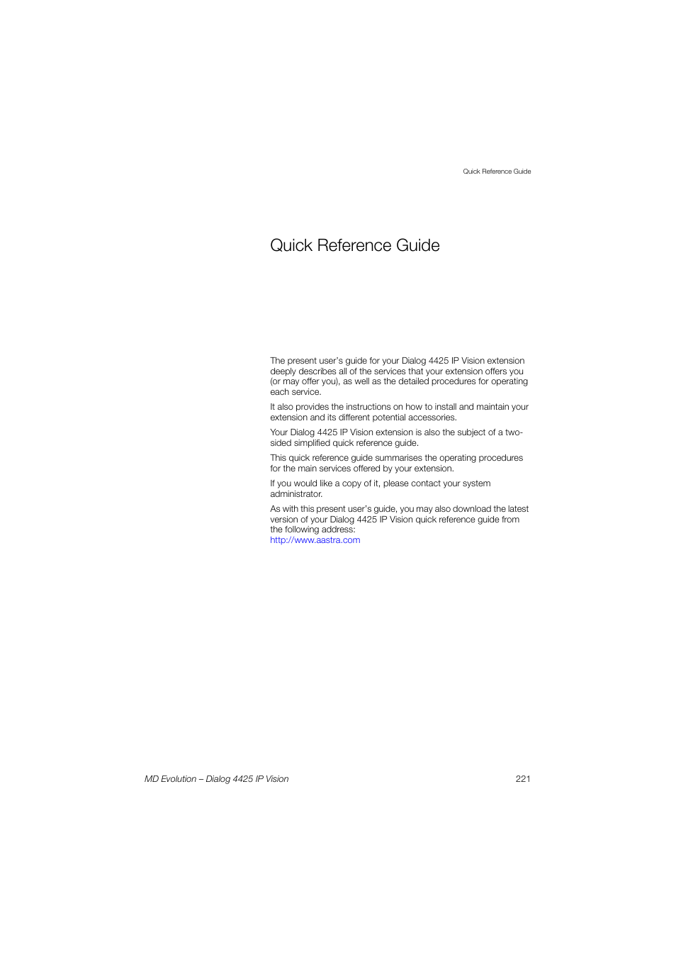 Quick reference guide | AASTRA 4425 IP Vision for MD Evolution User Guide User Manual | Page 221 / 224