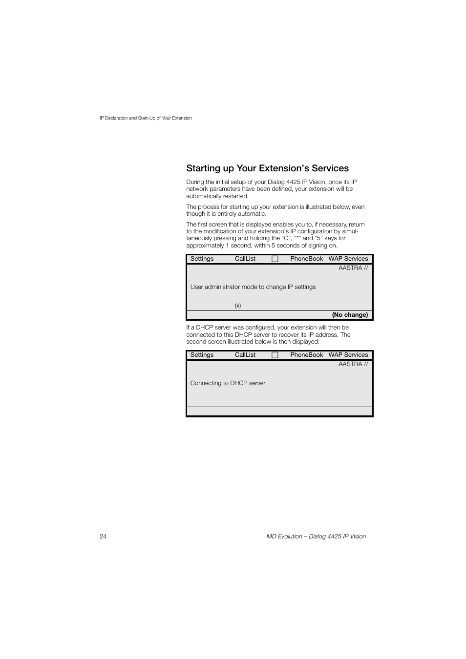 Starting up your extension’s services | AASTRA 4425 IP Vision for MD Evolution User Guide User Manual | Page 24 / 224