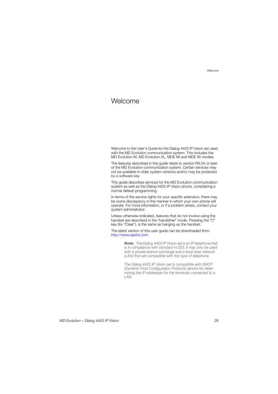 Welcome | AASTRA 4425 IP Vision for MD Evolution User Guide User Manual | Page 29 / 224