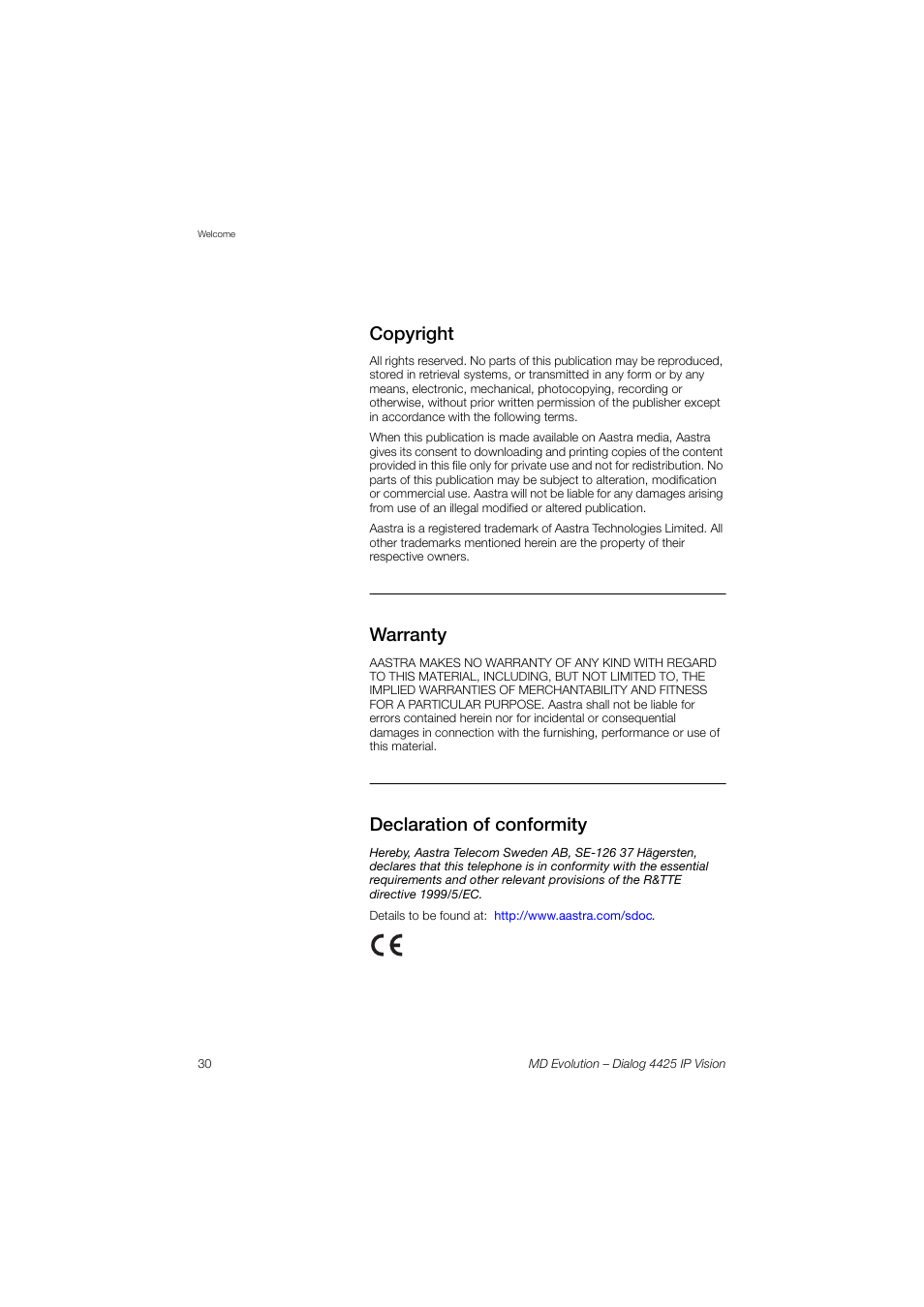 Copyright, Warranty, Declaration of conformity | AASTRA 4425 IP Vision for MD Evolution User Guide User Manual | Page 30 / 224