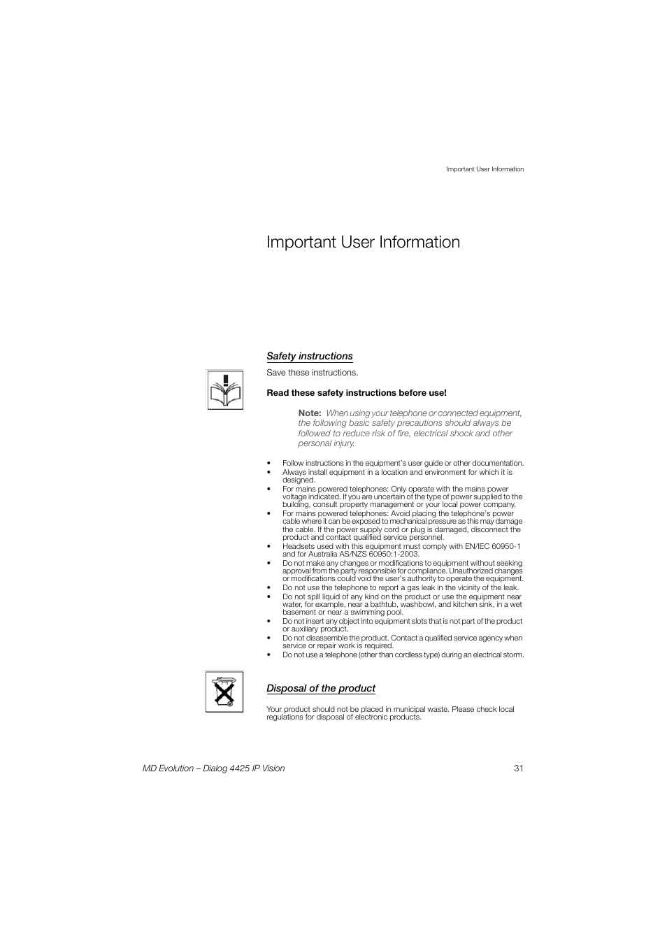 Important user information | AASTRA 4425 IP Vision for MD Evolution User Guide User Manual | Page 31 / 224