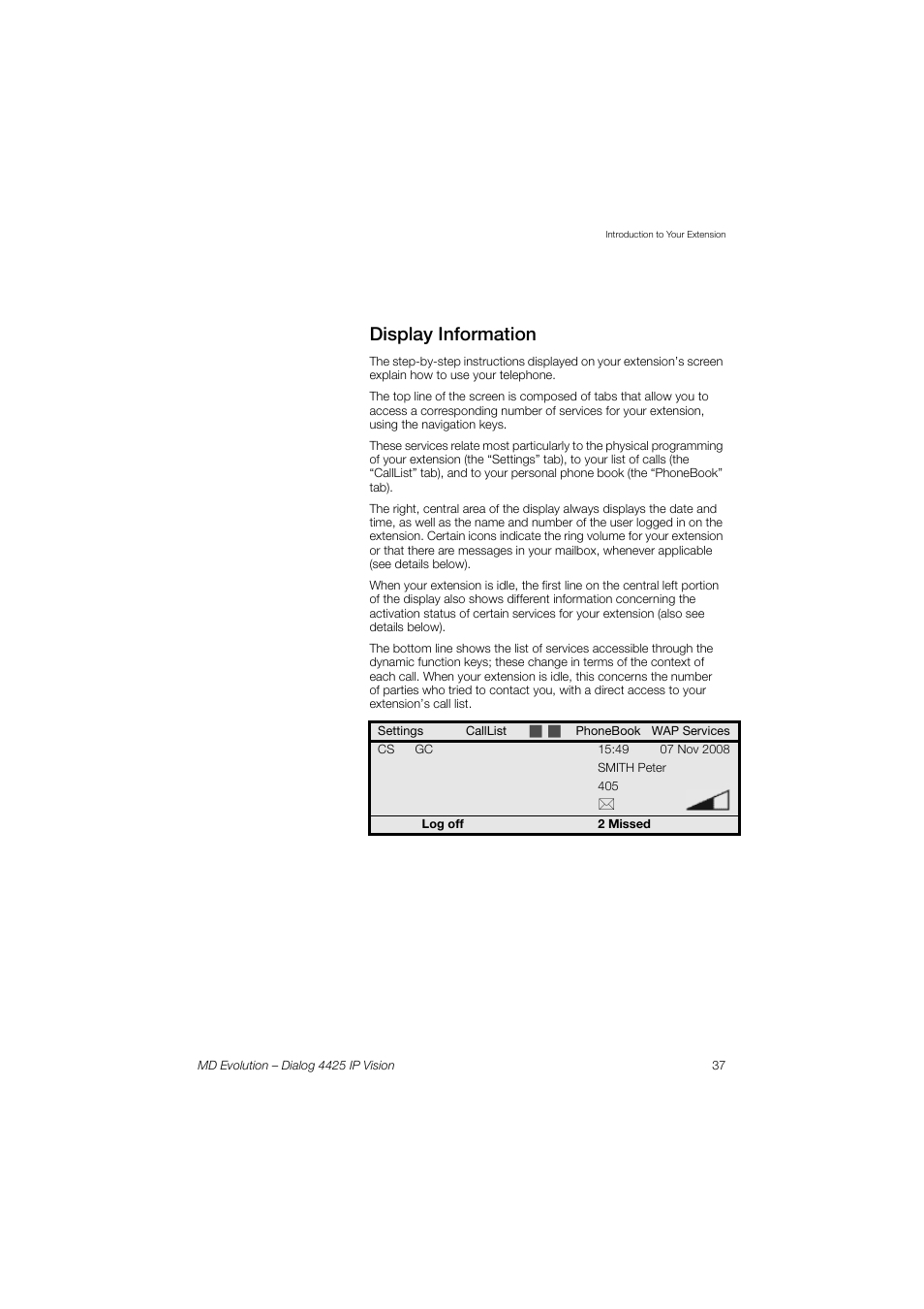 Display information, Sect | AASTRA 4425 IP Vision for MD Evolution User Guide User Manual | Page 37 / 224
