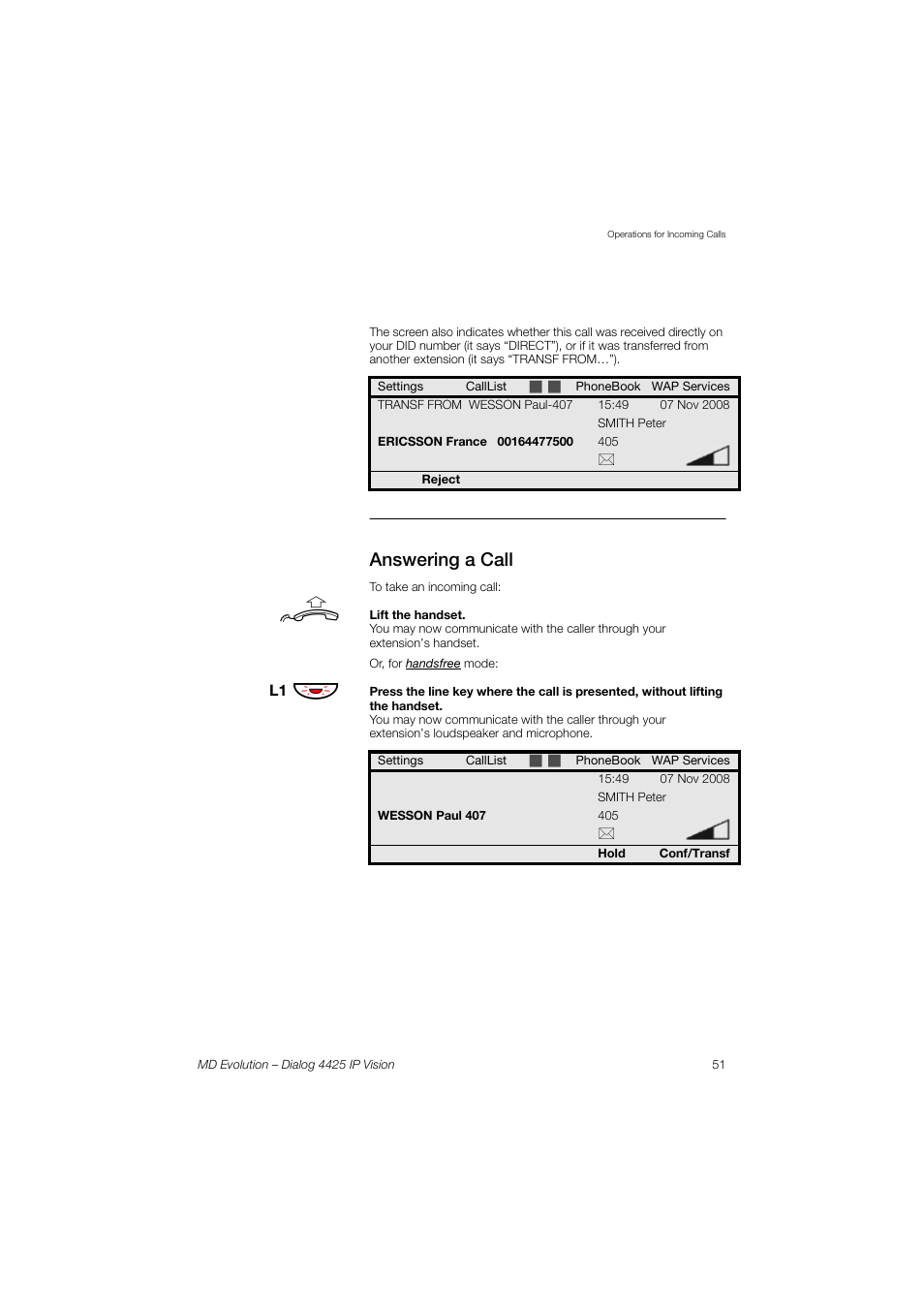Answering a call | AASTRA 4425 IP Vision for MD Evolution User Guide User Manual | Page 51 / 224