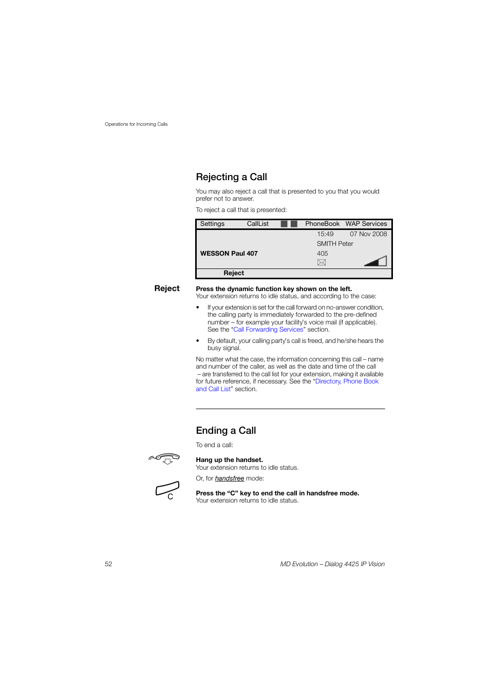 Rejecting a call, Ending a call | AASTRA 4425 IP Vision for MD Evolution User Guide User Manual | Page 52 / 224
